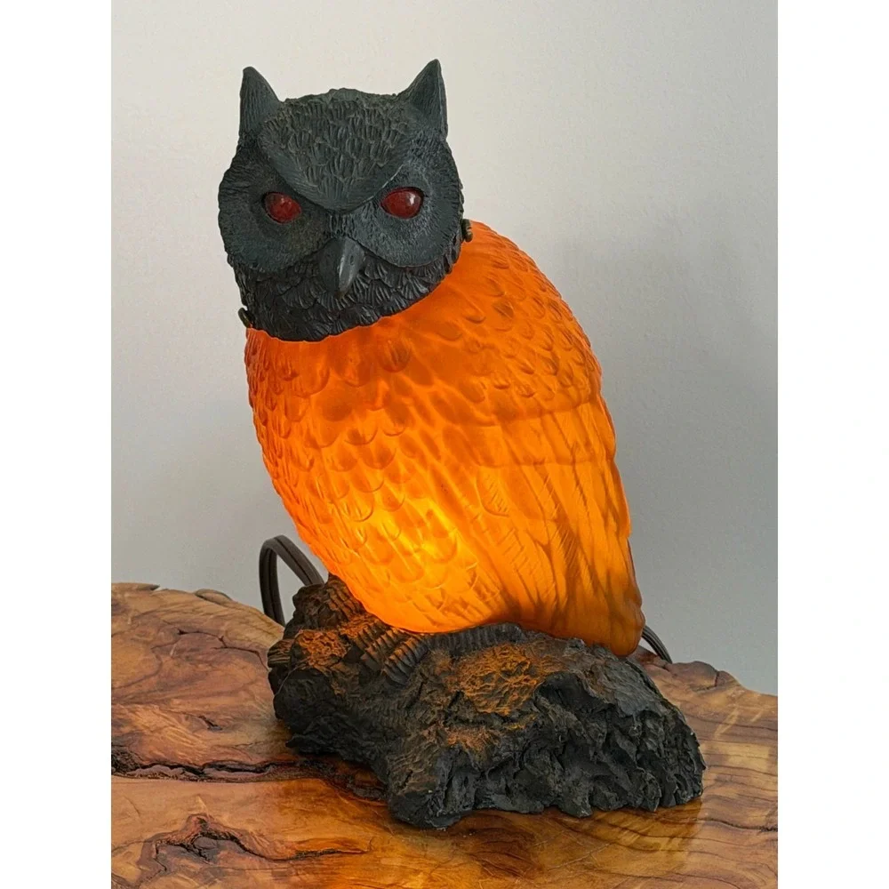 Vintage Lamp Glass Owl with Red Eyes on Resin Base Table Lamp Night Light 8.5
